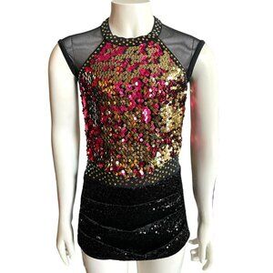 Jazz Hands by Weismann Girls Sequin Dance Costume Black/Red/Gold Size L